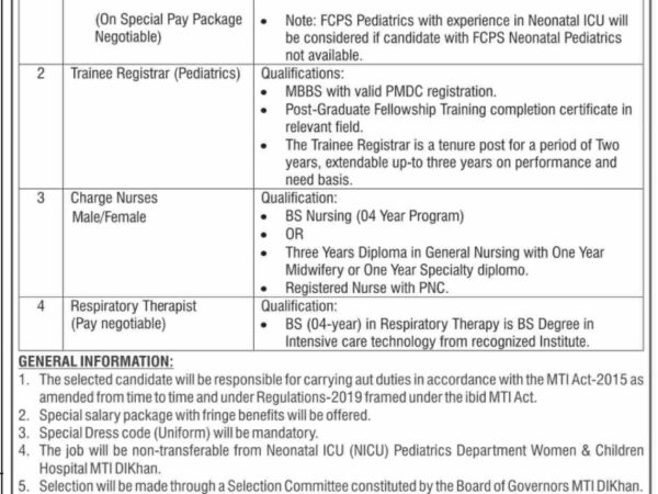 MTI DI Khan Hiring July 2025 – Medical & Admin Vacancies 10 MTI DI Khan July 2025 Career Notice for NICU and Admin Vacancies – Apply Now