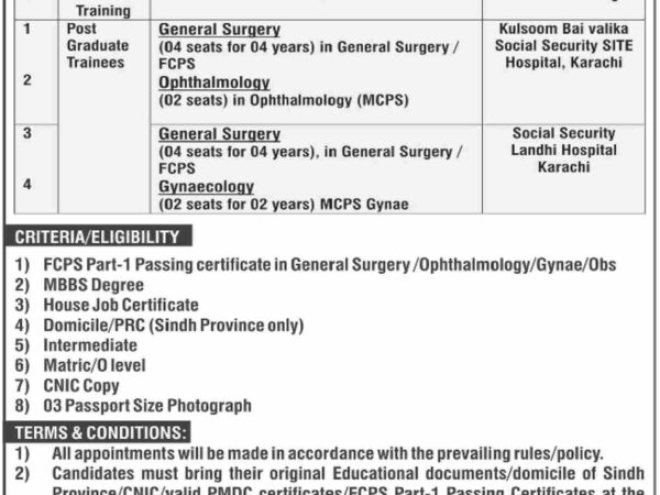 Advertisement for walk-in interview in PG Training (FCPS & MCPS) by SESSI Karachi for surgery, ophthalmology, and gynaecology.