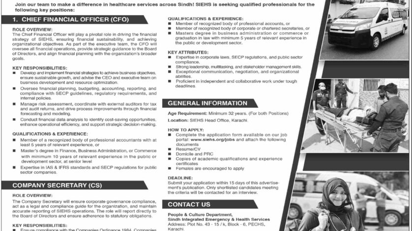 Exciting Career Opportunities in Healthcare Leadership 1 SIEHS Job Openings for CFO and Company Secretary in Karachi