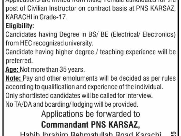Pakistan Navy Instructor Job Opening for Electrical/Electronics Engineers