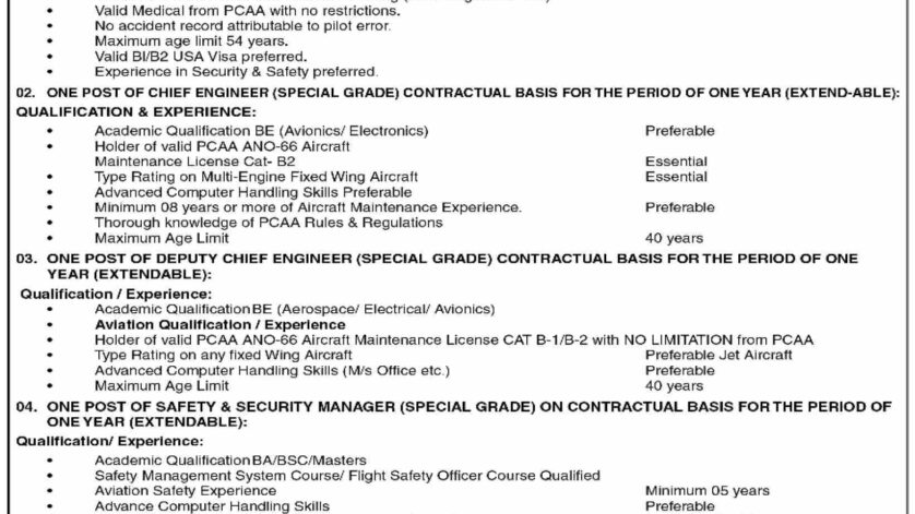 Multiple Special Grade Positions – VIP Flight, Government of Sindh 1 Official job advertisement from the Government of Sindh VIP Flight Division announcing pilot, engineer, and safety/security manager vacancies.