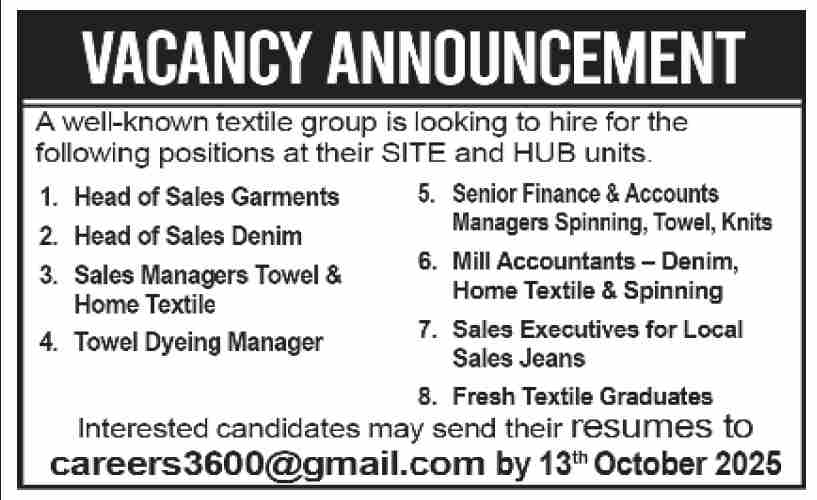 Vacancy Announcement – Textile Group Jobs 2025 – Multiple Positions in Karachi, SITE & HUB Units.