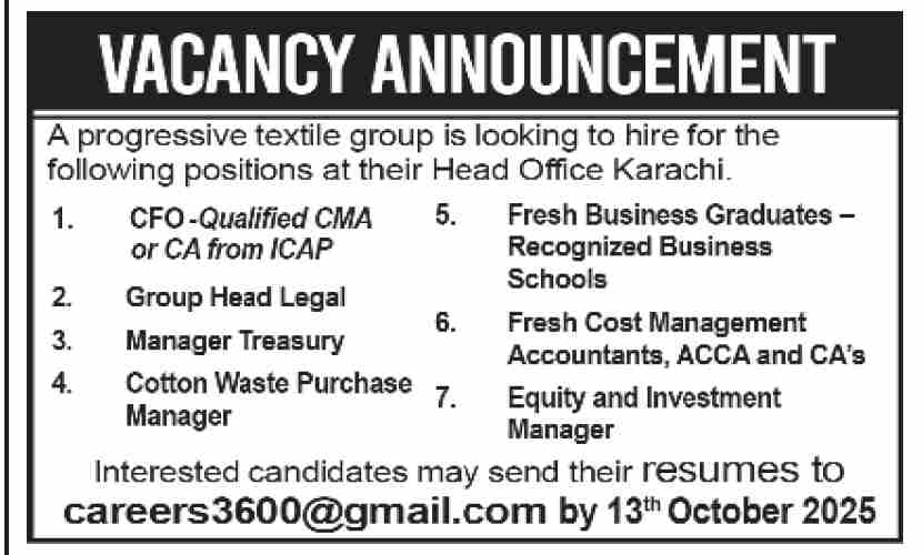 Vacancy Announcement – Textile Group Jobs 2025 – Multiple Positions in Karachi, SITE & HUB Units.