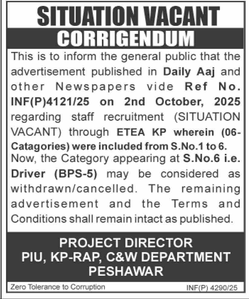 Driver (BPS-5) – Withdrawn Post for staff recruitment under C&W Department KP-RAP Project, Peshawar 2 Corrigendum notice for withdrawn Driver (BPS-5) job under KP-RAP Project, C&W Department Peshawar – October 2025 update.