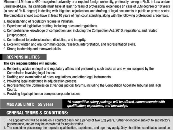 Competition Commission of Pakistan CCP Jobs 2025 – Director General Legal position for