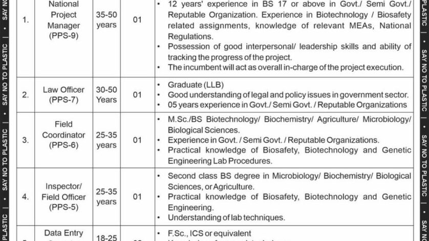 Advertisement for Ministry of Climate Change Pakistan Jobs 2025 – National Project Manager, Law Officer, Field Coordinator, Field Officer, Data Entry Operator – Apply Online via NJP.