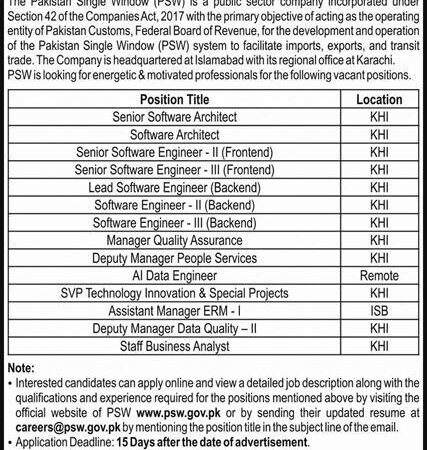 Advertisement of Pakistan Single Window (PSW) Jobs 2025 showing multiple vacancies in software, data, and management fields.