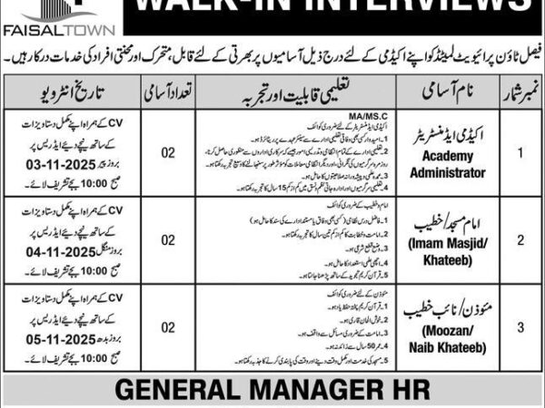 Faisal Town Jobs 2025 Official Job Advertisement