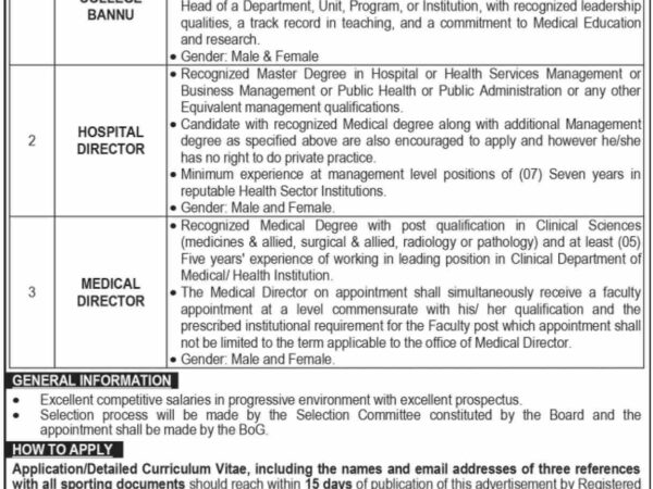 Medical Teaching Institution Bannu Jobs 2025 – Dean, Hospital Director, Medical Director Vacancies