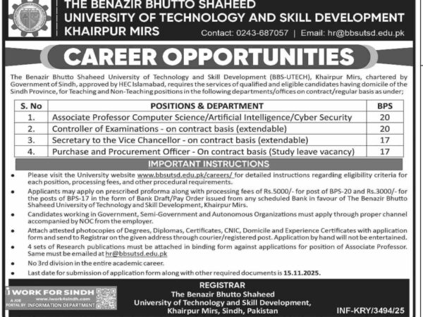 Benazir Bhutto Shaheed University of Technology and Skill Development Khairpur Mirs Jobs 2025 Advertisement