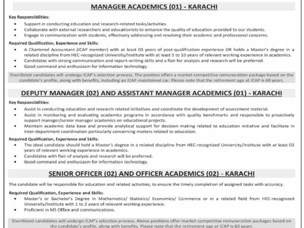 Advertisement for ICAP Jobs 2025 featuring multiple academic and management positions in Karachi with application details and deadlines.