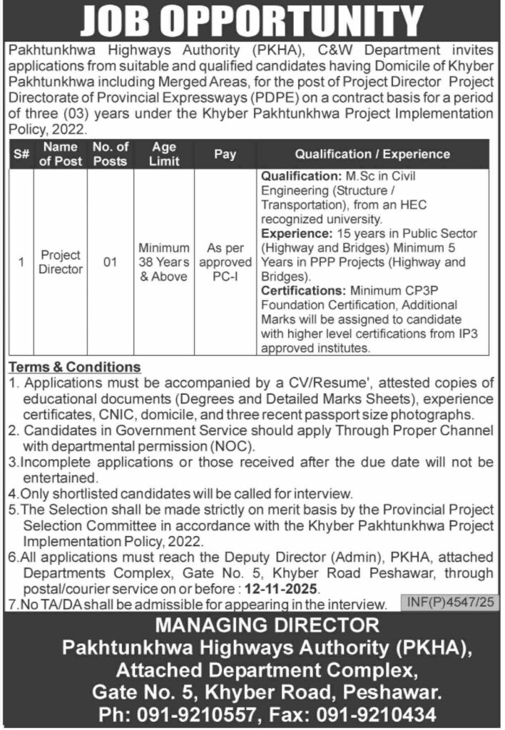 Pakhtunkhwa Highways Authority PKHA Jobs 2025 – Project Director PDPE Vacancy, Apply Before 12 November 2025 at Peshawar.