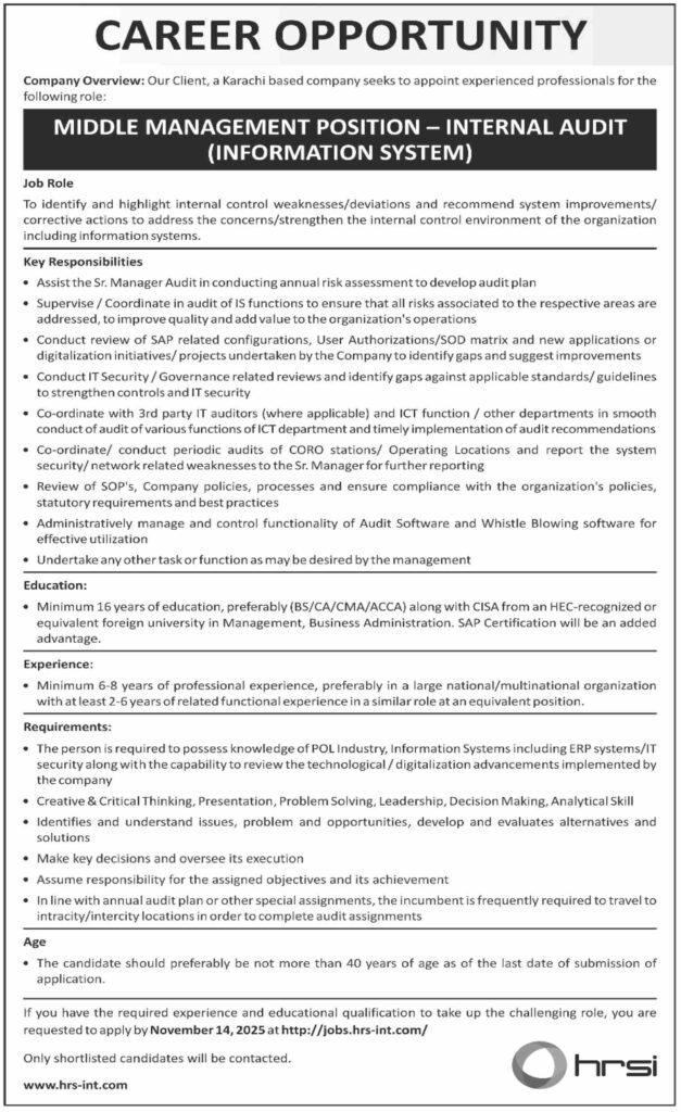 Middle Management Internal Audit Jobs 2025 Official Job Advertisement