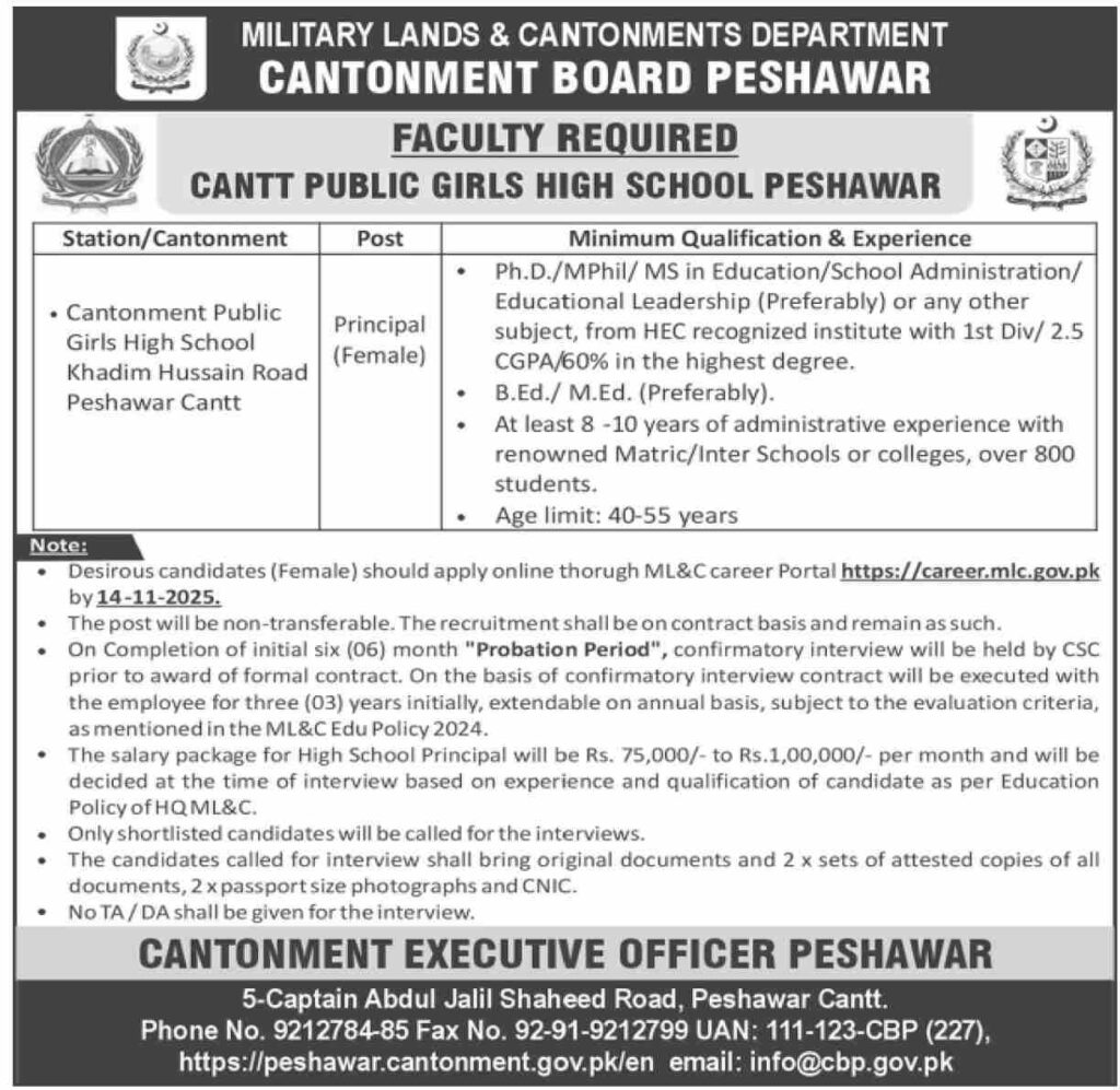 Cantonment Board Peshawar Jobs 2025 Official Job Advertisement