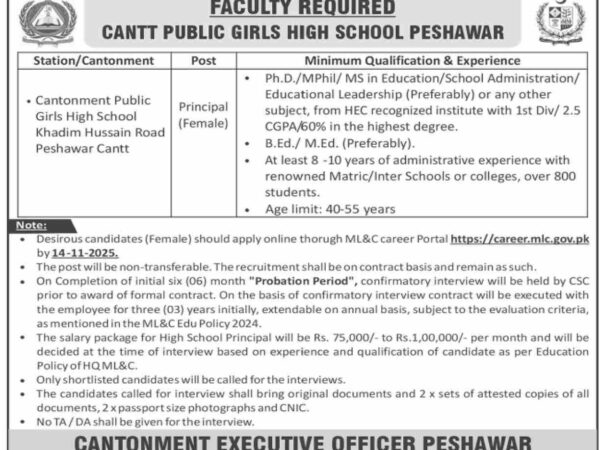 Cantonment Board Peshawar Jobs 2025 Official Job Advertisement
