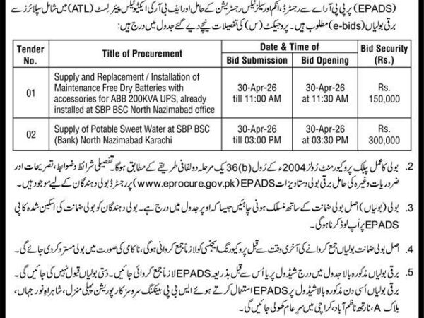 UPS Batteries Maintenance | Water Supply for SBP BSC | Pakistan Jobs Tenders Official Advertisement 2026