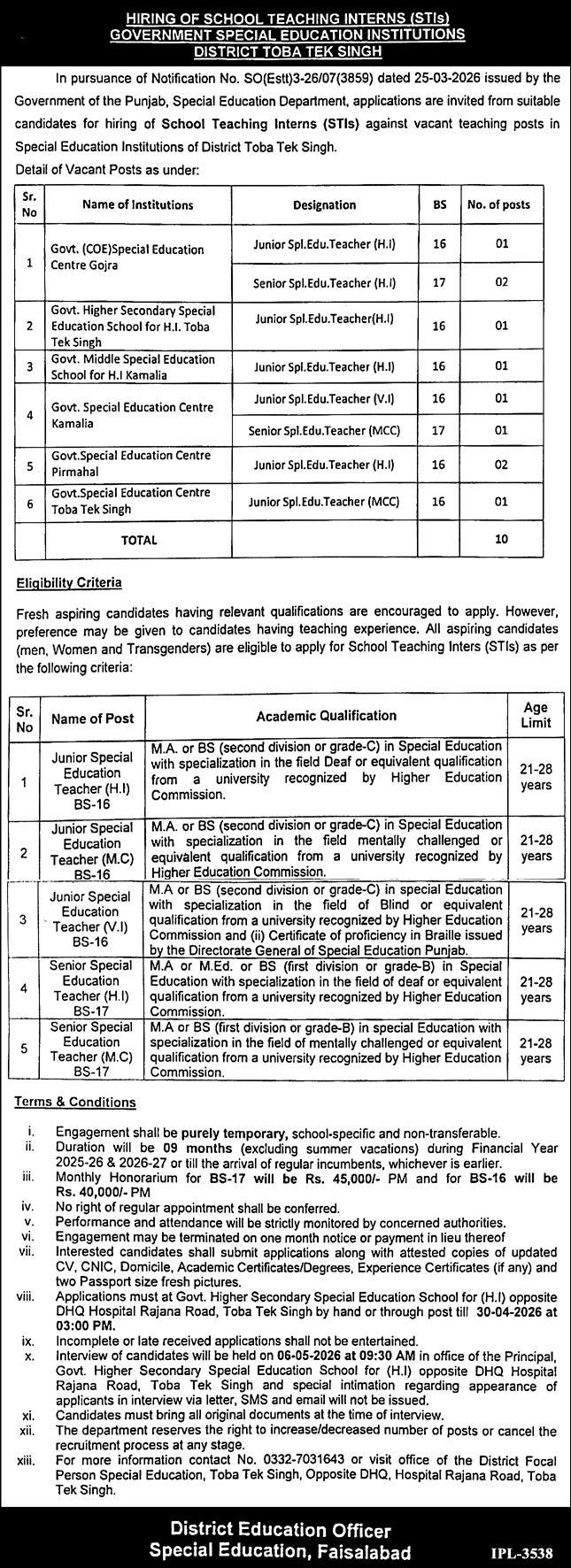 School Teaching Interns (STIs) Jobs 2026 Toba Tek Singh Official Advertisement 2026