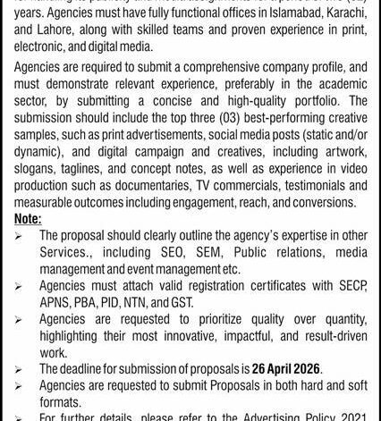 Bahria University Advertising Agencies RFP 2026 Official Advertisement 2026