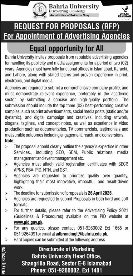 Bahria University Advertising Agencies RFP 2026 Official Advertisement 2026