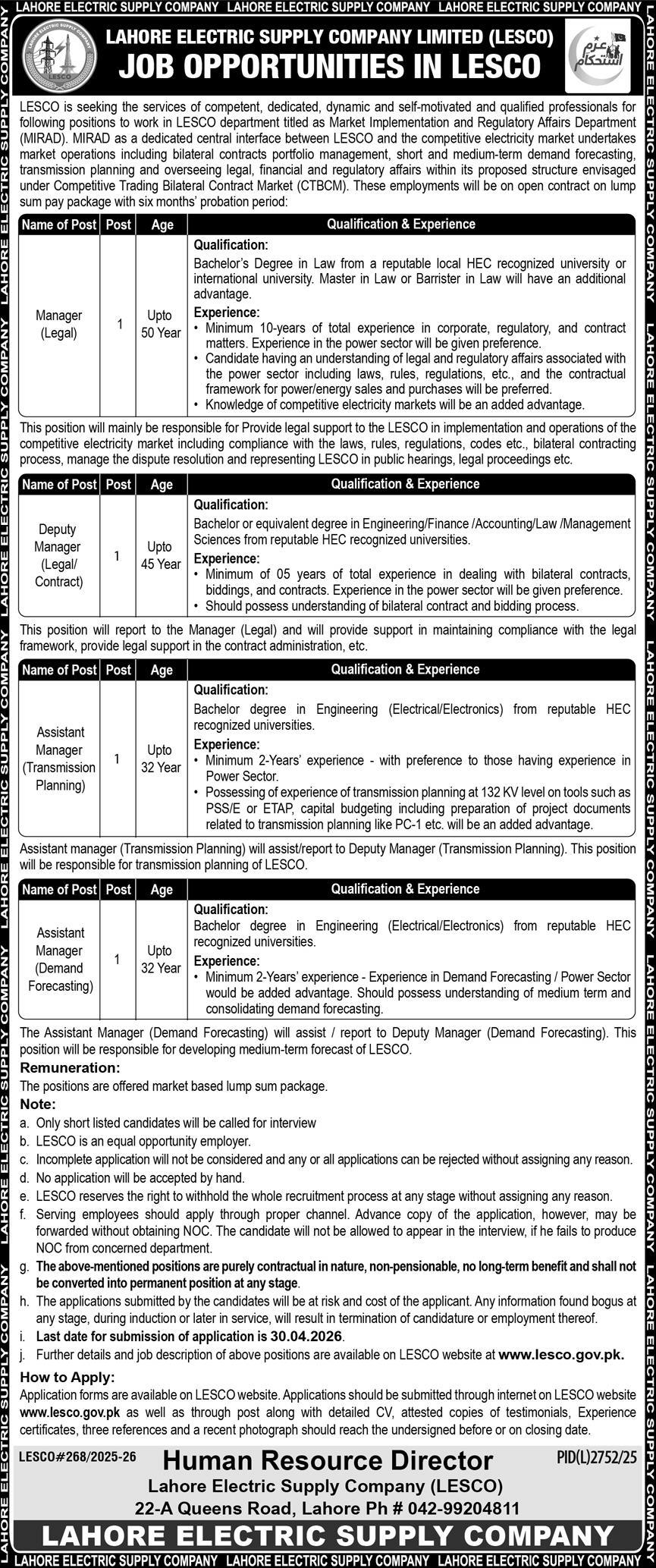 Lahore Electric Supply Company Jobs 2026 Official Advertisement 2026