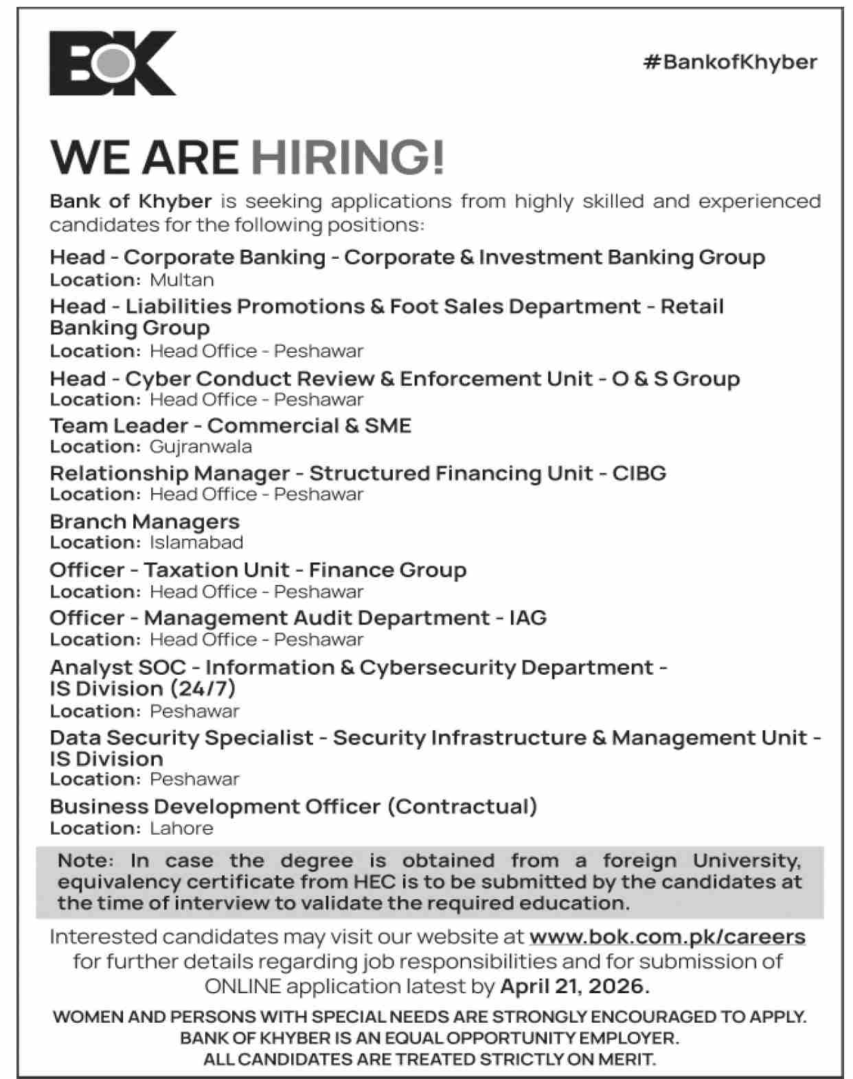 Bank of Khyber Jobs 2026 Official Advertisement 2026