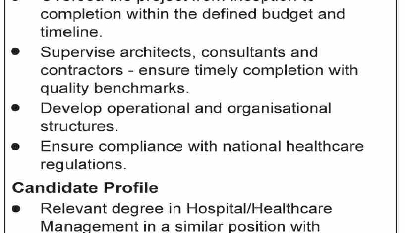 Project Manager for Hospital Jobs 2026 in Lahore Official Advertisement 2026