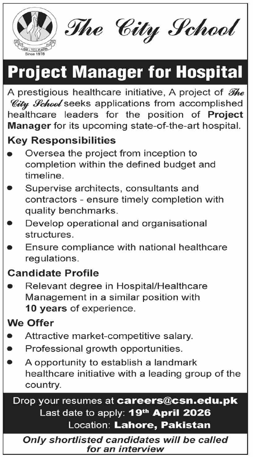 Project Manager for Hospital Jobs 2026 in Lahore Official Advertisement 2026