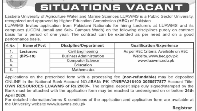 Lasbela University of Agriculture Water and Marine Sciences Jobs 2026 Official Advertisement 2026