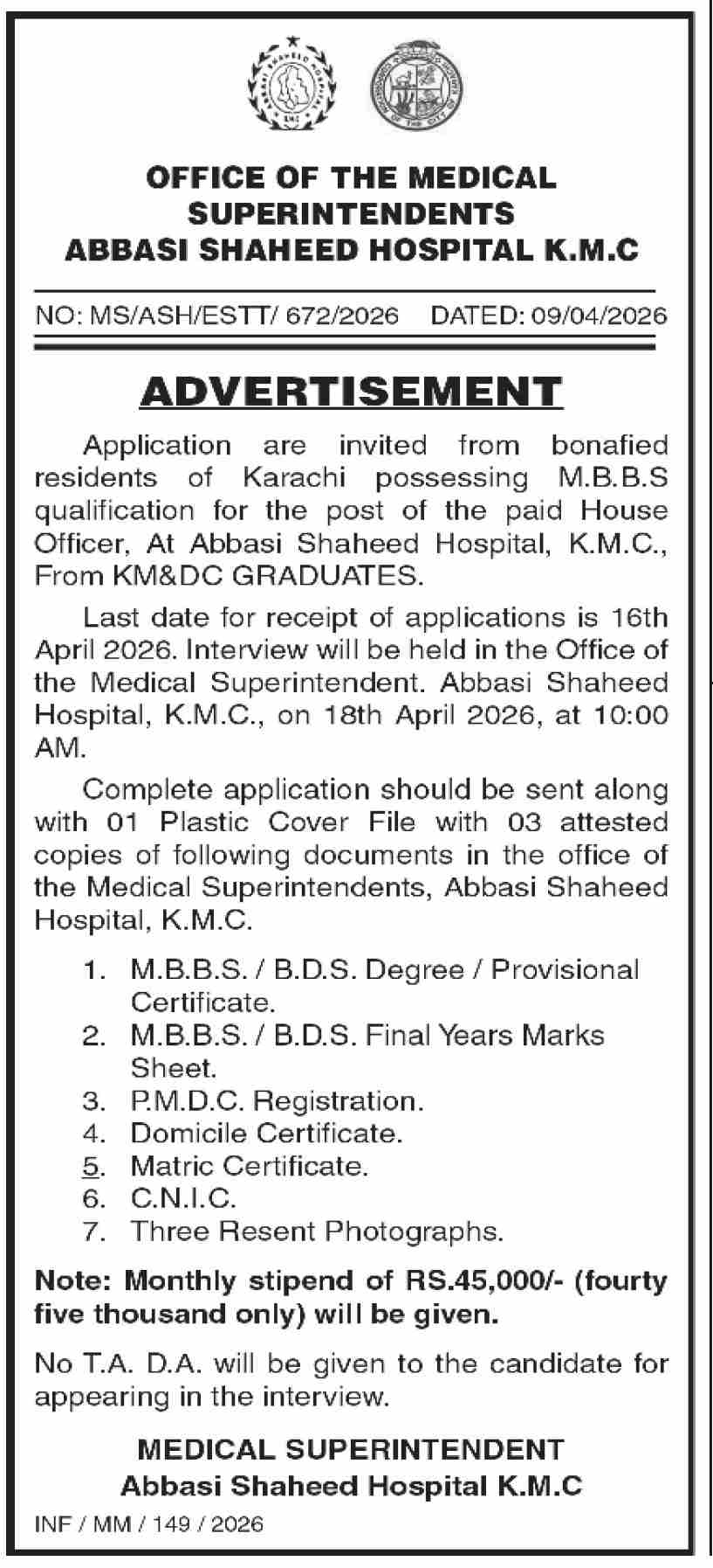Abbasi Shaheed Hospital Jobs 2026 Official Advertisement 2026